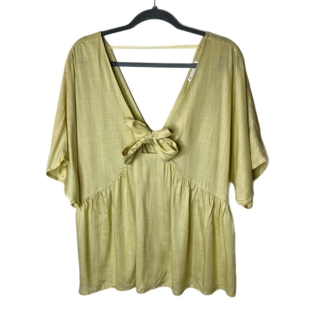 Asos Womens Tunic Top 8 Green Rayon Kimono Sleeve Tie Front Babydoll Boho Blouse - Picture 2 of 6